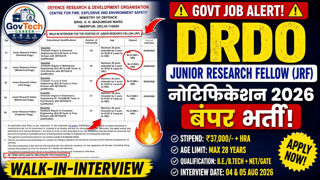 🚨 DRDO JRF Recruitment 2026 🔥 Walk-in Interview | B.E/B.Tech, M.Tech Pass | ₹37,000 + HRA Salary |