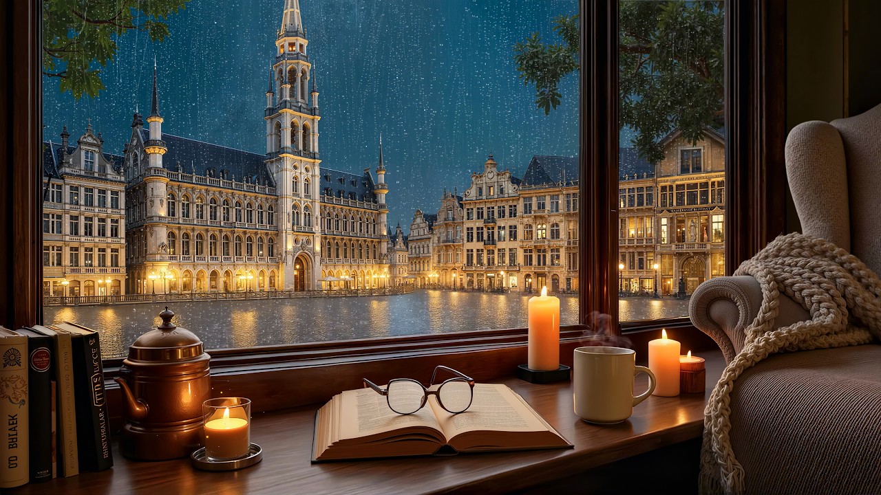 Rainy Brussels Grand Place Caf&eacute; Ambience 🌧️ Warm Jazz Instrumental & Rain Sounds for Study, Work