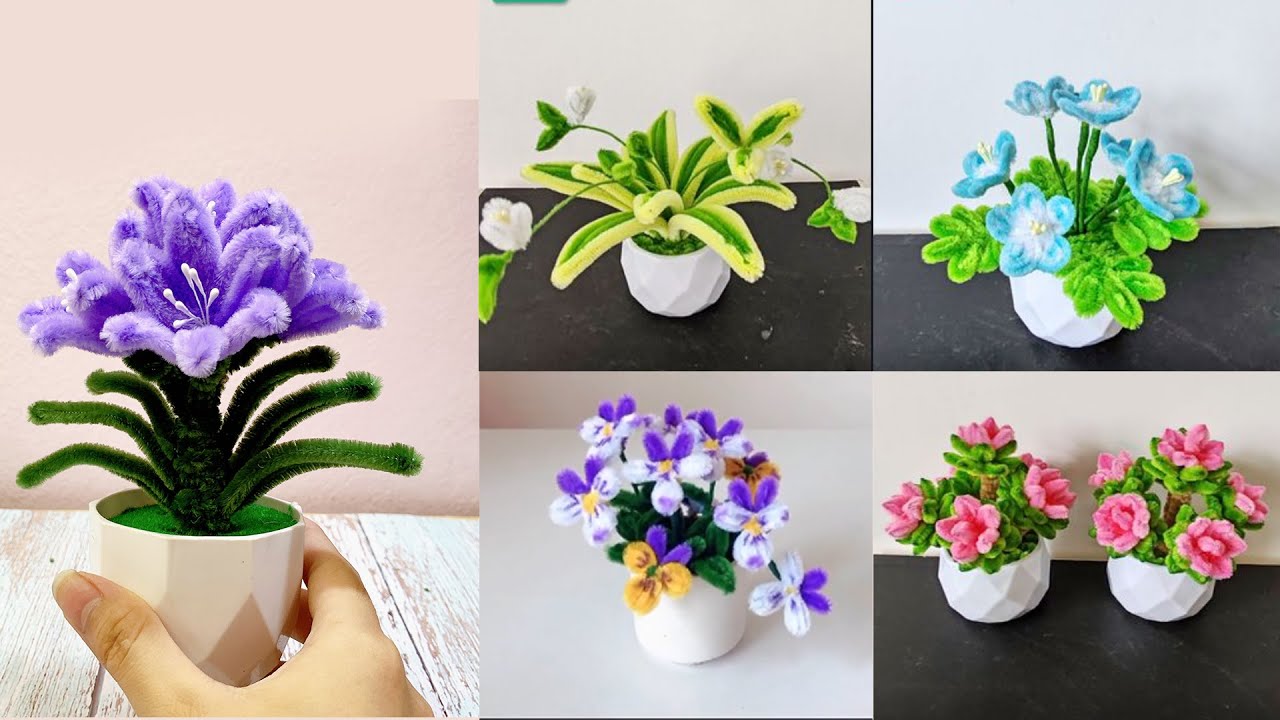 5 Beautiful Pipe Cleaner Flower Making | DIY Mini Flower Pot | Home decoration craft - Chenille Wire