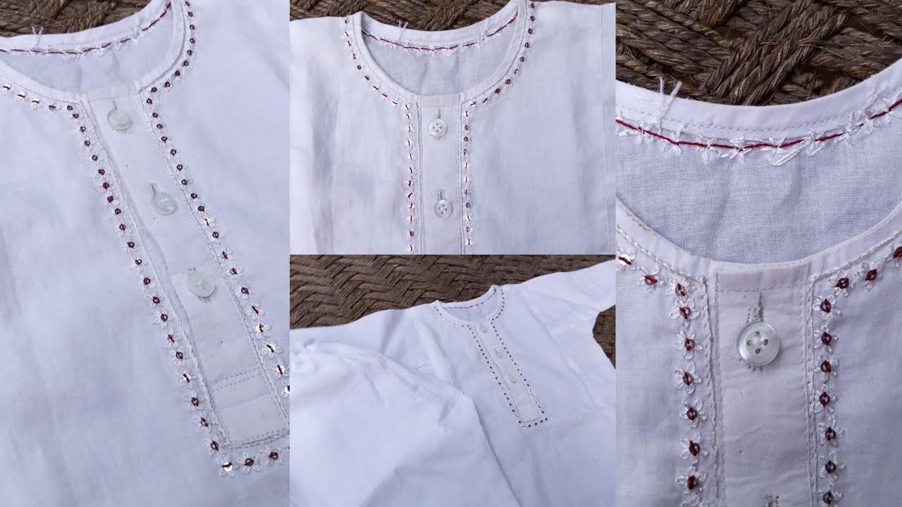 Hand embroided baby boy kurta with simple neck embroidery | silai karhai aik fun
