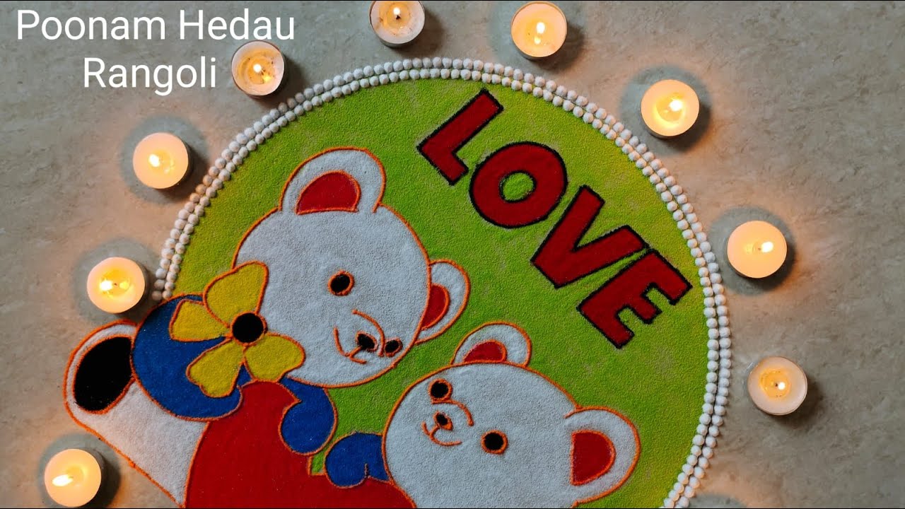 Ранголи ко Дню святого Валентина | Ранголи с плюшевым мишкой | Дизайн ранголи ко Дню святого Вале...