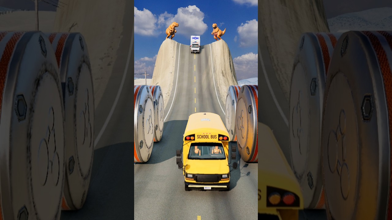 School Bus & Ambulance vs Hydraulic Bollards Crash - BeamNG.Drive #shorts #beamngdrive #bus