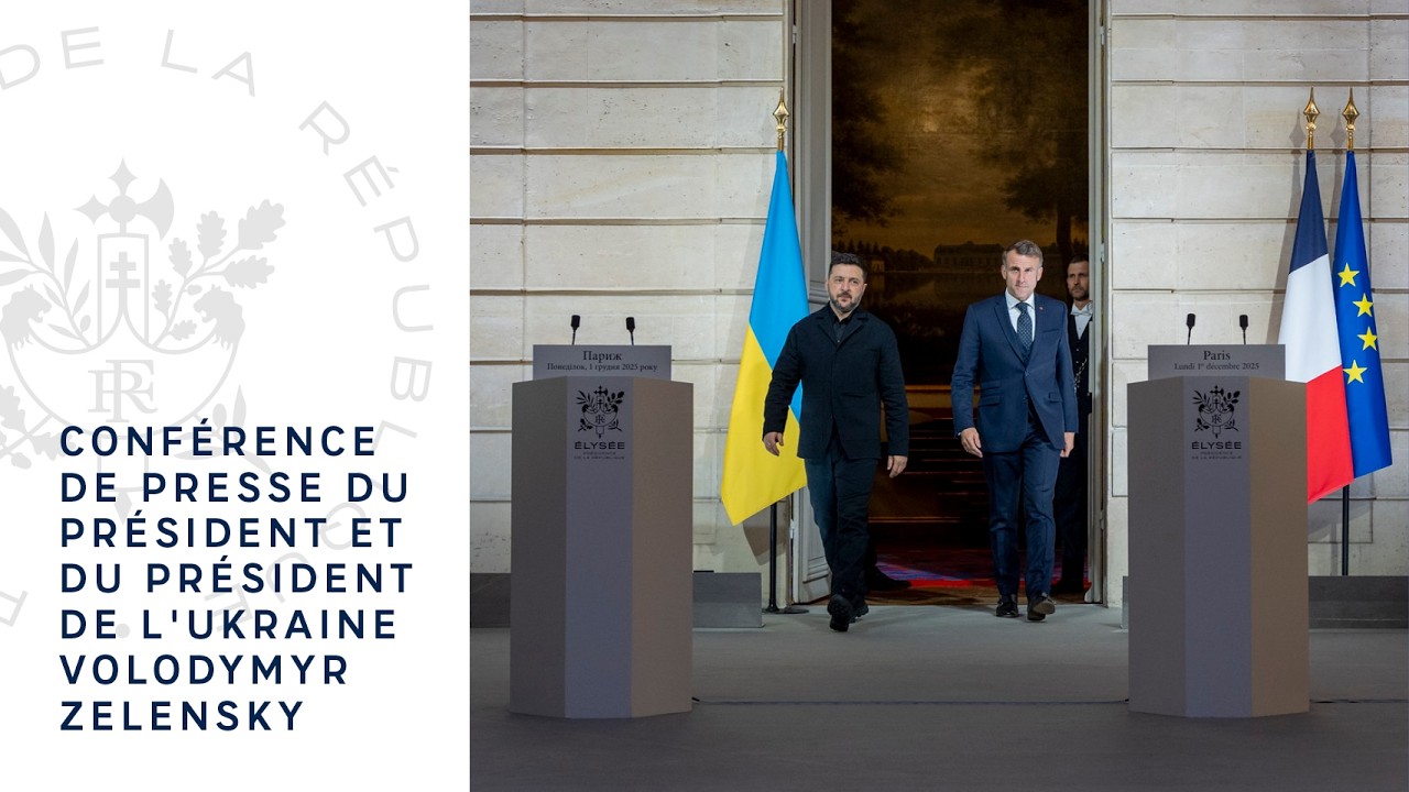 Conf&eacute;rence de presse du Pr&eacute;sident Emmanuel Macron et du Pr&eacute;sident de l'Ukraine Volodymyr Zelensky.