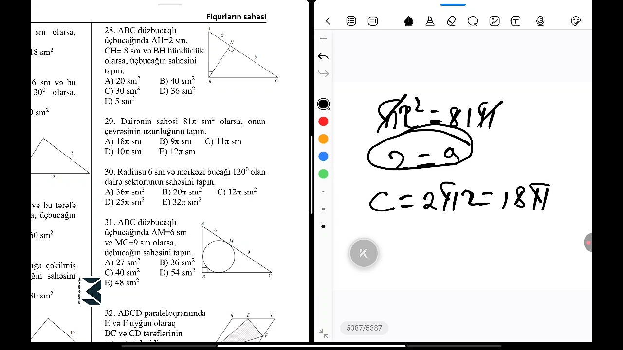 9cu sinif mhm test toplusu fiqurların sahəsi test izahı