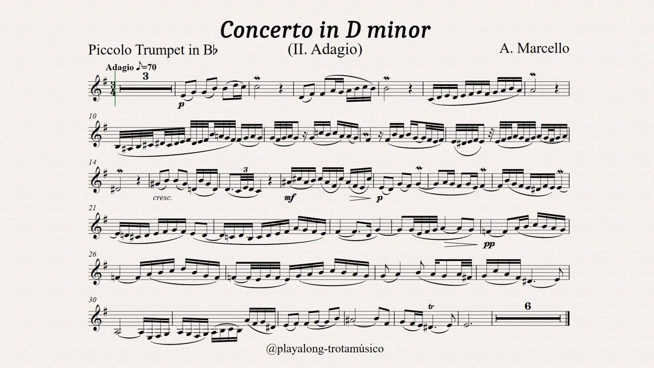 Marcello - Concerto in D minor (II Adagio) for Piccolo Trumpet Bb - Sheet music & Playalong