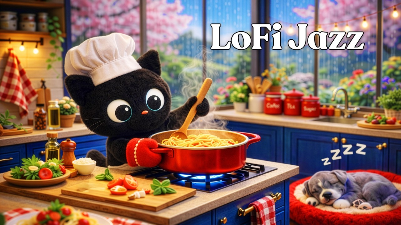 Rainy Kitchen Jazz ☕🐾 | Cozy LoFi Jazz for Relaxing, Studying & Sleep