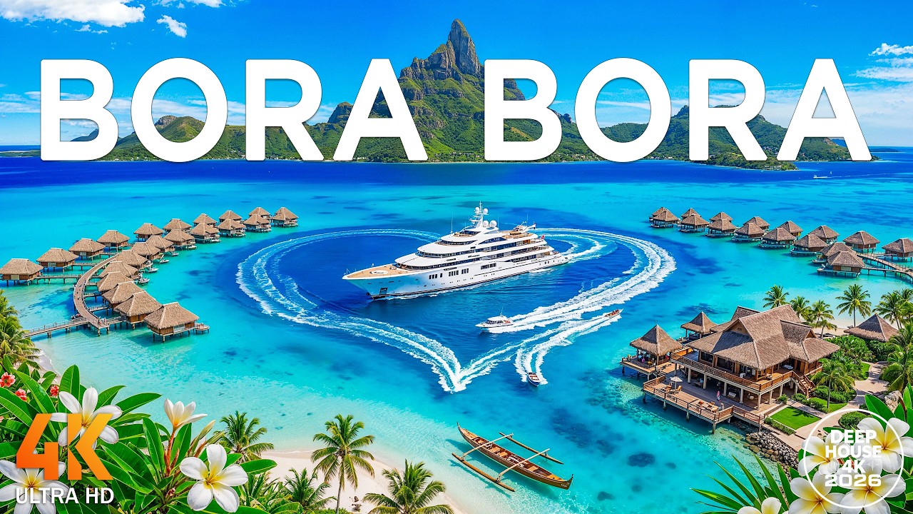Bora Bora Tropical Lagoon in 4K | Overwater Bungalows & Crystal Clear Waters Drone Footage UHD