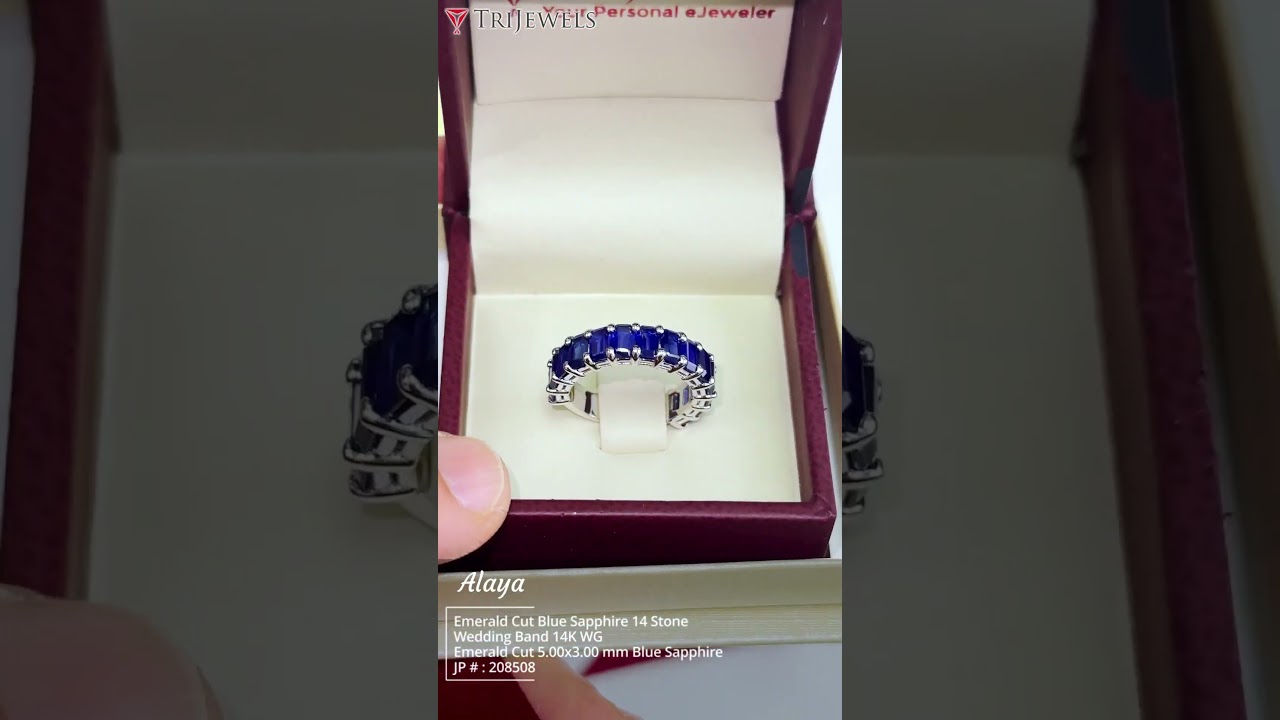 Alaya Emerald Cut Blue Sapphire 14 Stone Wedding Band