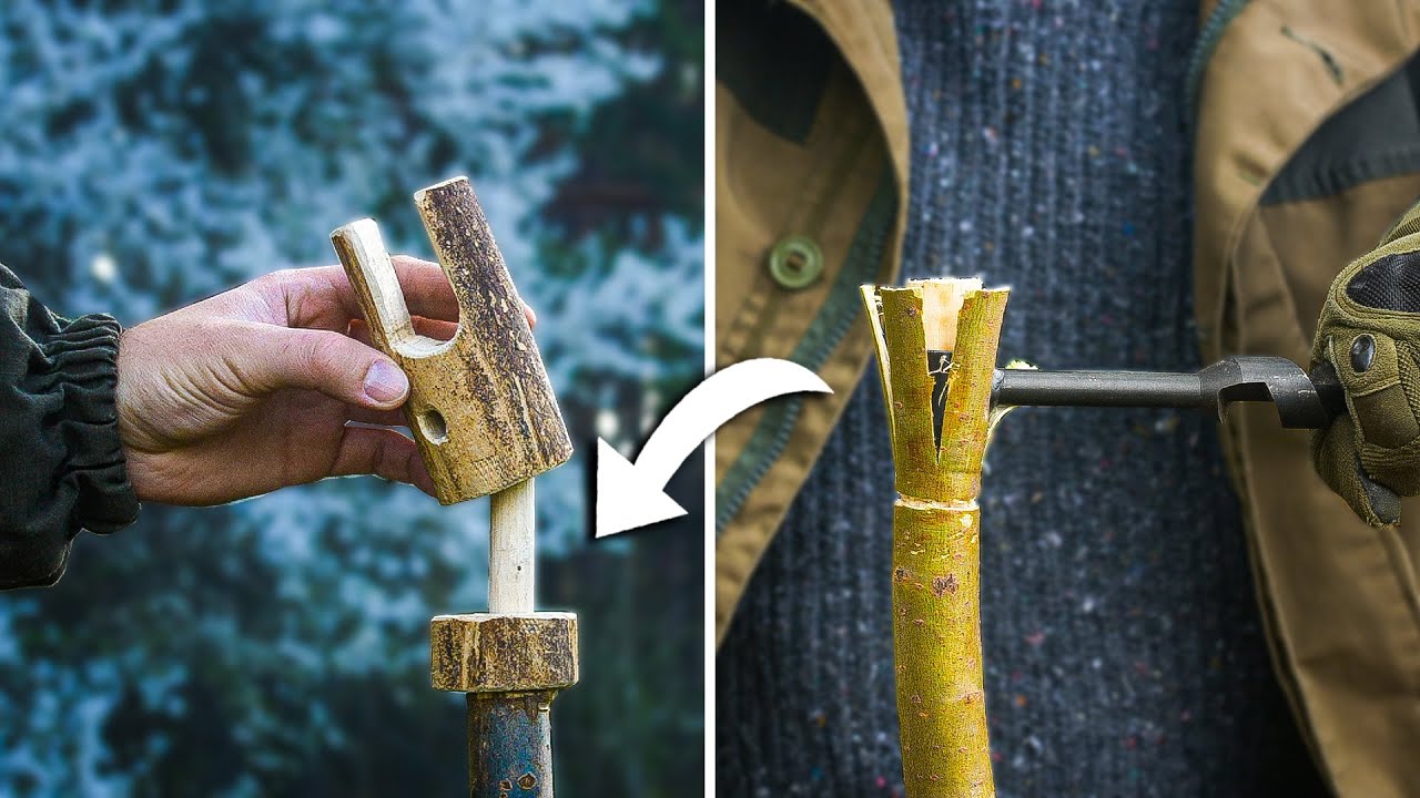 Creative bushcraft TRIPOD made of wood for a survivor's smartphone