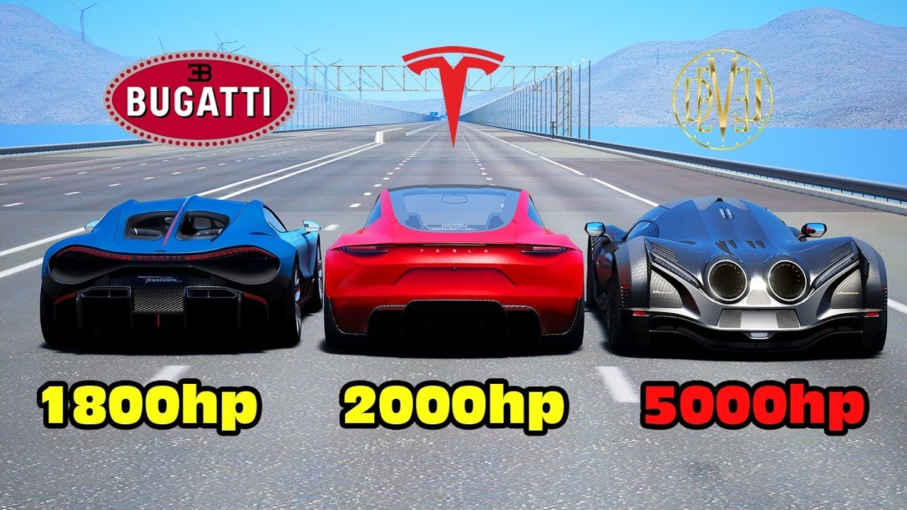 Devel Sixteen vs Tesla Roadster vs Bugatti Tourbillion vs Bugatti Bolide DRAG RACE