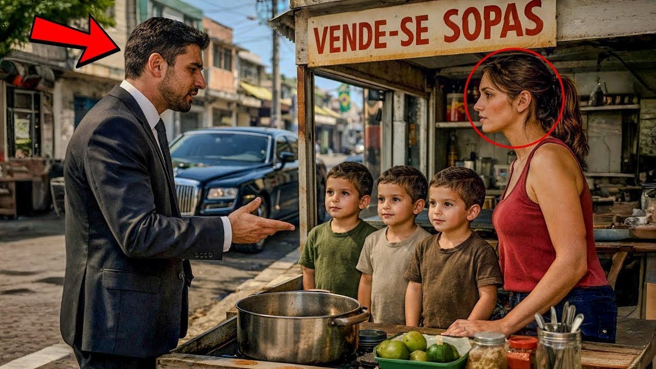 O MILIONÁRIO VIU SUA EX-ESPOSA VENDENDO SOPA COM TRIGÊMEOS IDÊNTICOS A ELE… E FICOU EM CHOQUE