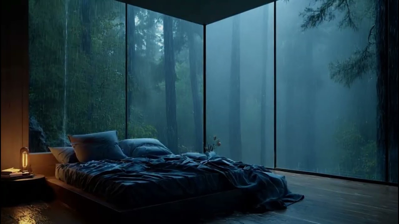 Rainy Forest Night in Glass Cabin 🌧️ Soft Piano Music for Deep Sleep & Relaxation