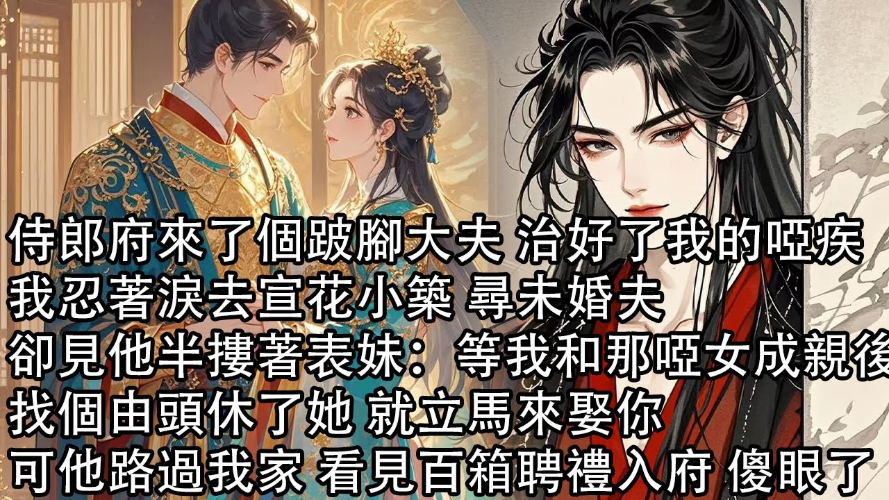 【一口氣看完】侍郎府來了個跛腳大夫 治好了我的啞疾，我忍著淚去宣花小築 尋未婚夫，卻見他半摟著表妹：等我和那啞女成親後，找個由頭休了她 就立馬來娶你，可他路過我家 看見百箱聘禮入府 傻眼了