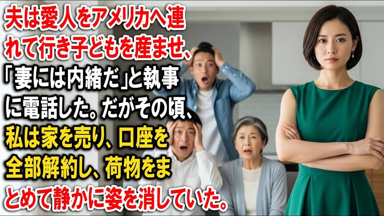 夫は愛人をアメリカへ連れて行き子どもを産ませ、「妻には内緒だ」と執事に電話した。だがその頃、私は家を売り、口座を全部解約し、荷物をまとめて静かに姿を消していた。