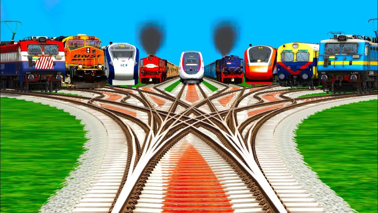☔NINE  HIGH GRAPHICS TRAINS CROSSING AT CURVED REALISTIC RAILROAD TRACKS ll ALL Locomotives train 