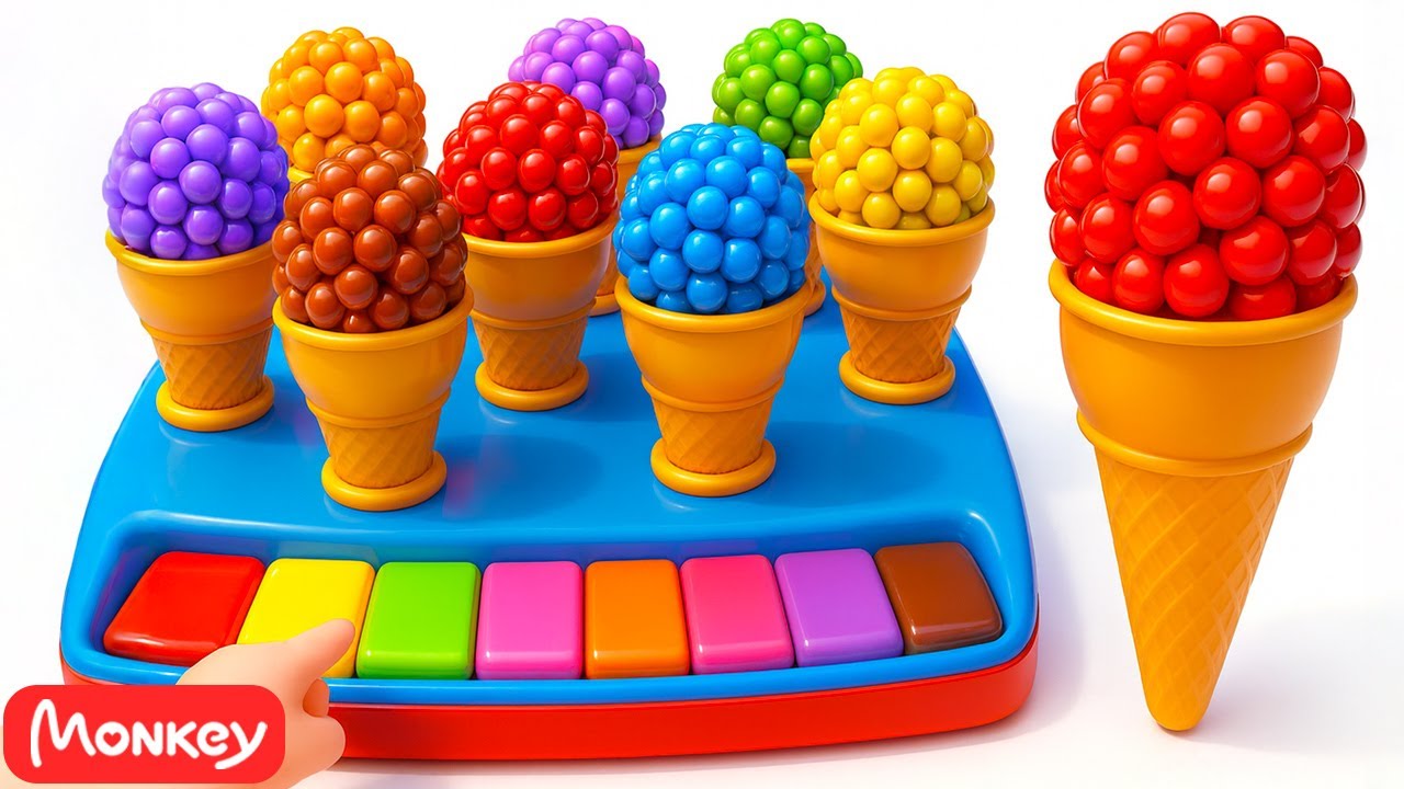 Preschool Learning Video 👶🍼 Learn Colors with Cone Ice cream &hearts;️💚💙💛 Monkey Junior Play & Learn