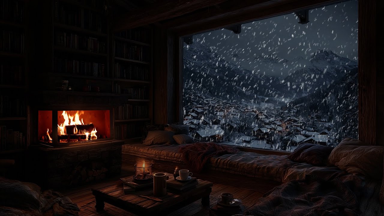 Soft Snow Settling Gently Over Firelight ❄️ A Quiet Winter Night Atmosphere for Rest