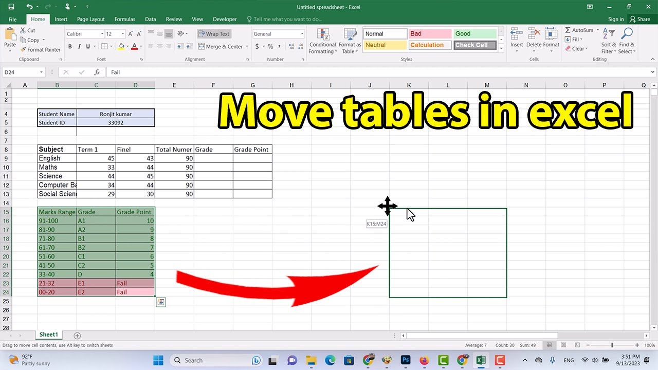 How to move tables in excel without changing formula