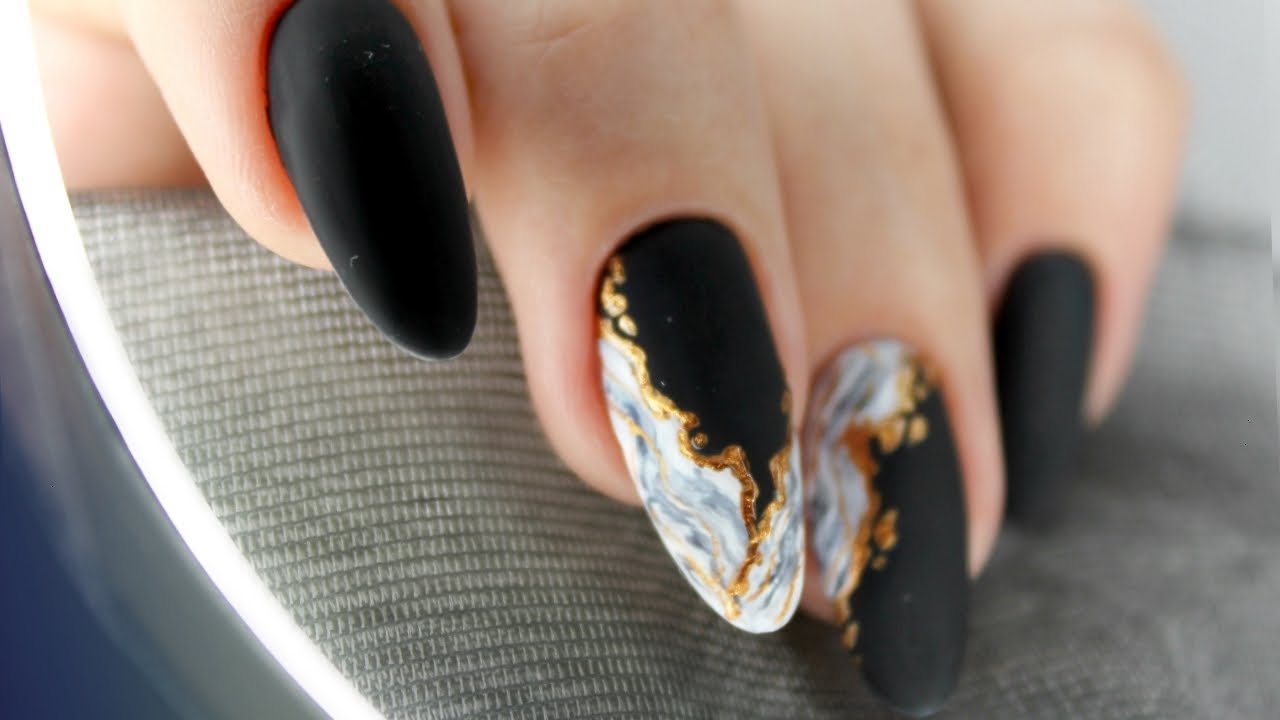 Realistic Marble Nails with gel polish | Matte Black Nails | Mineral Stone