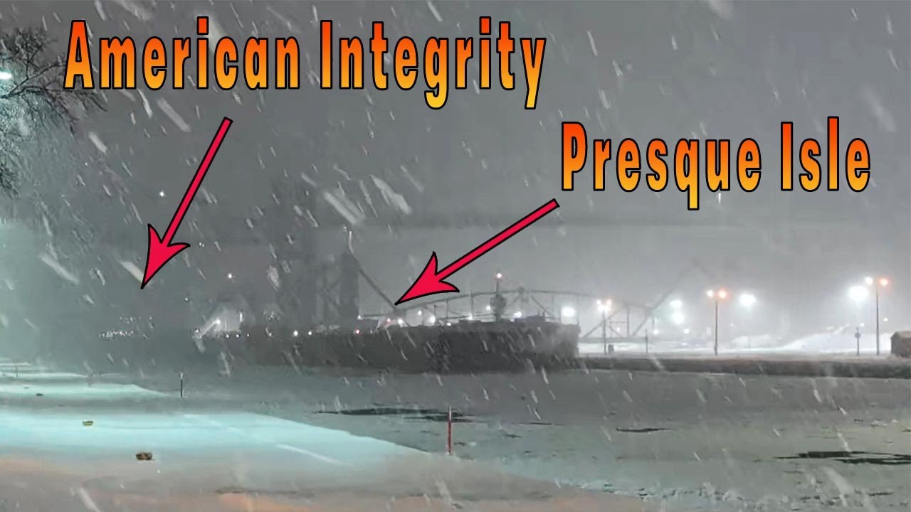I can barely see these last ships of the year at the Soo Locks through the heavy snow.