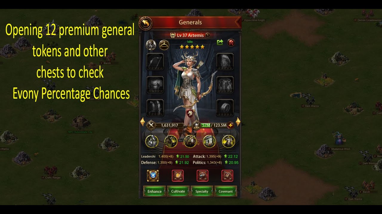 Evony opening general tokens and chests to check the chance percentages