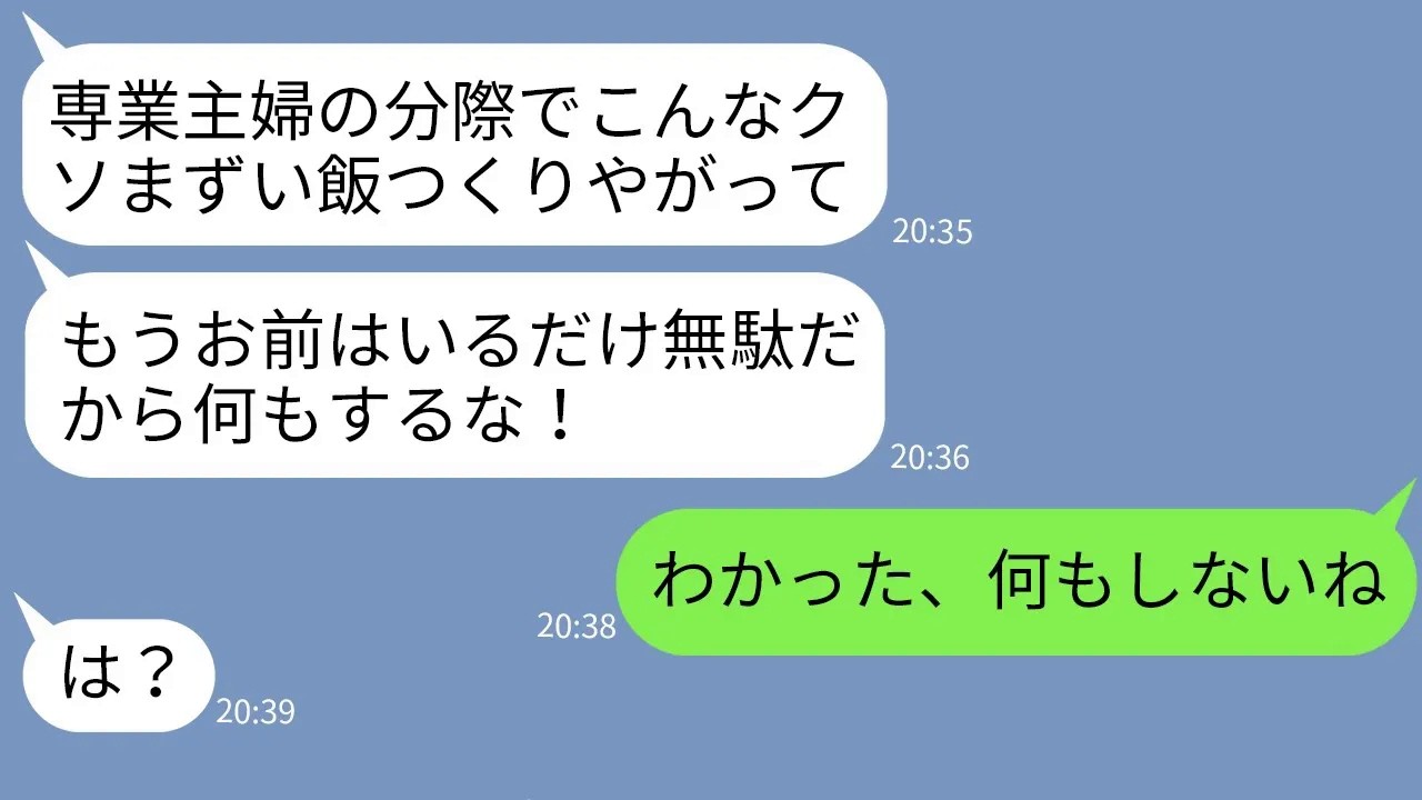 【LINE】在宅で1000万稼ぐ私を専業主婦と勘違いして家事を任せきりでキレる夫「まずい夕飯だな！もうお前何もするな」→言われた通りに妻が一切何もしない