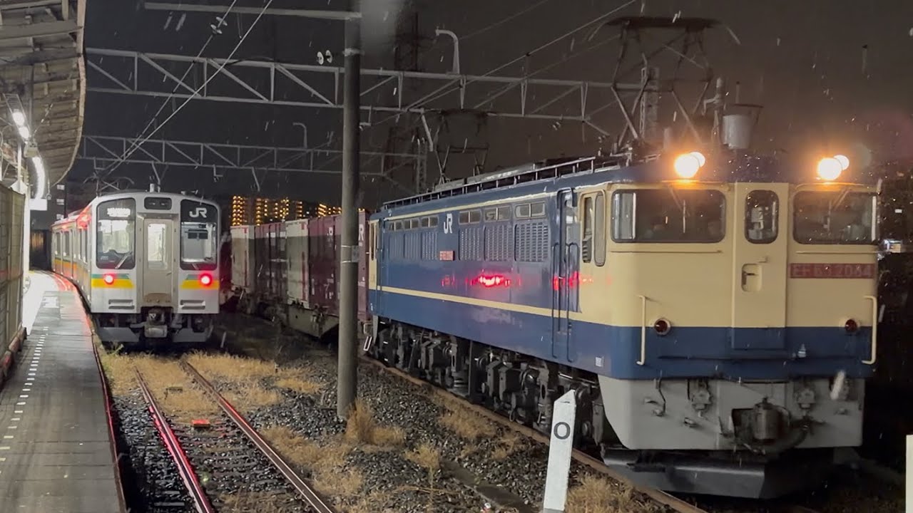 【4K高画質】PF代走✨【降雪有り！】国鉄EF65形2000番台2084号機〔新〕＋コキ20両が尻手駅4番線を通過するシーン（95レ・臨A6170・コンテナ輸送）2026.2.7