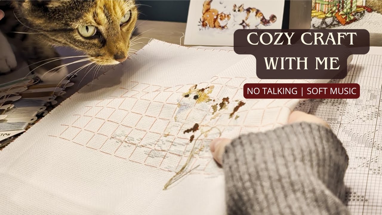 cozy stitch with me & my cat | relaxing cross stitch & calm piano music (no talking)