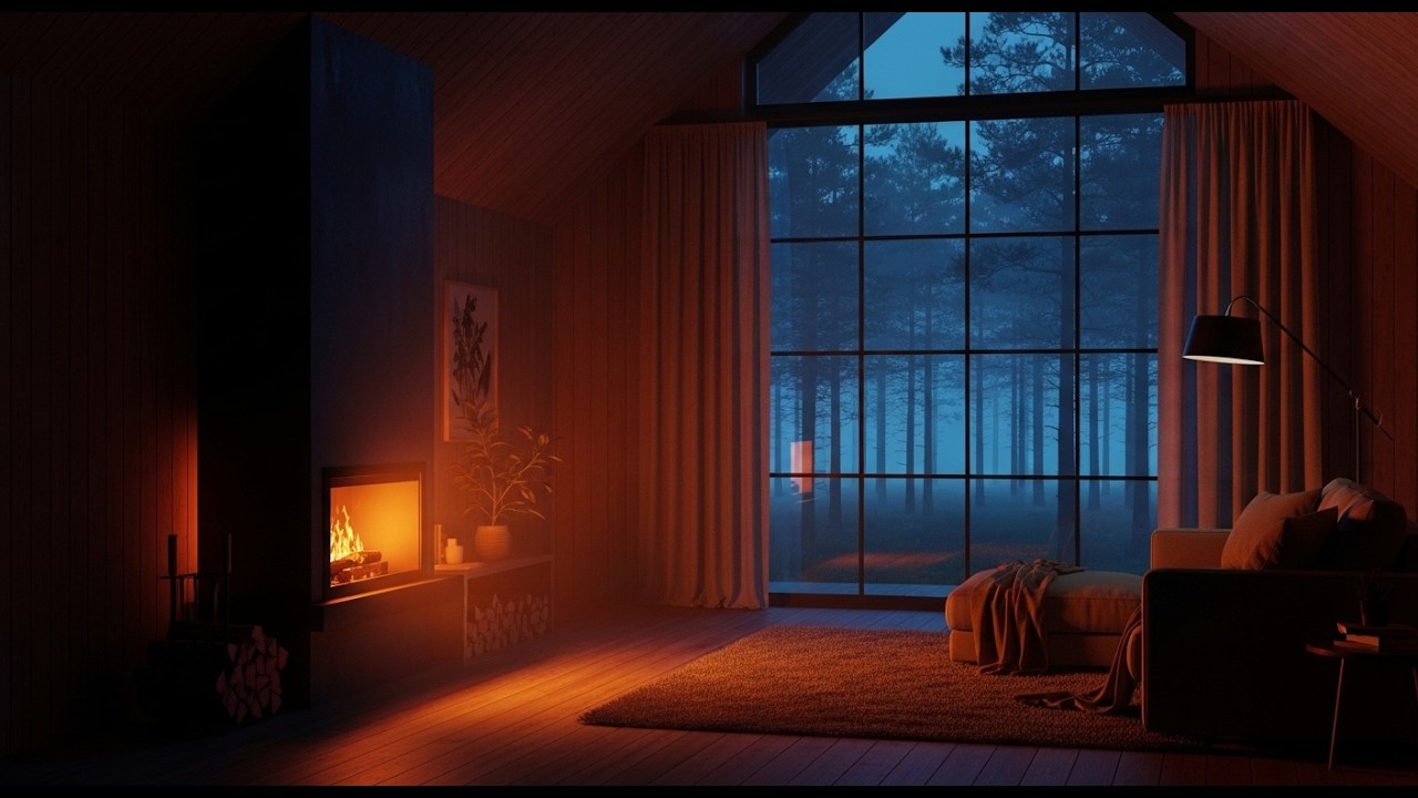 Cozy Cabin Night with Fireplace 🔥 Misty Pine Forest View | Relaxing Sleep Ambience