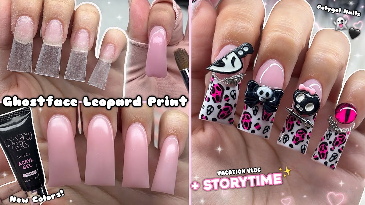 GHOSTFACE LEOPARD PRINT POLYGEL NAILS! EASY HALLOWEEN NAIL ART & NAIL CHARMS DESIGN | Nail tutorial