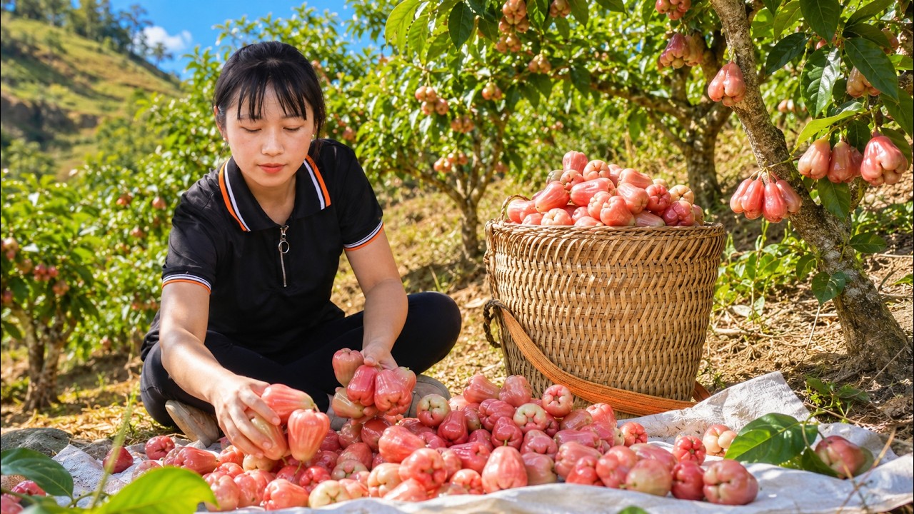 Harvesting Fresh Wax Apples and Selling Them at the Village Market