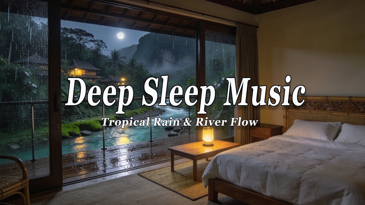 Piano Music for Deep Sleep + Light Drizzle Sounds | Tropical Forest & Flowing River (Deep Sleep)