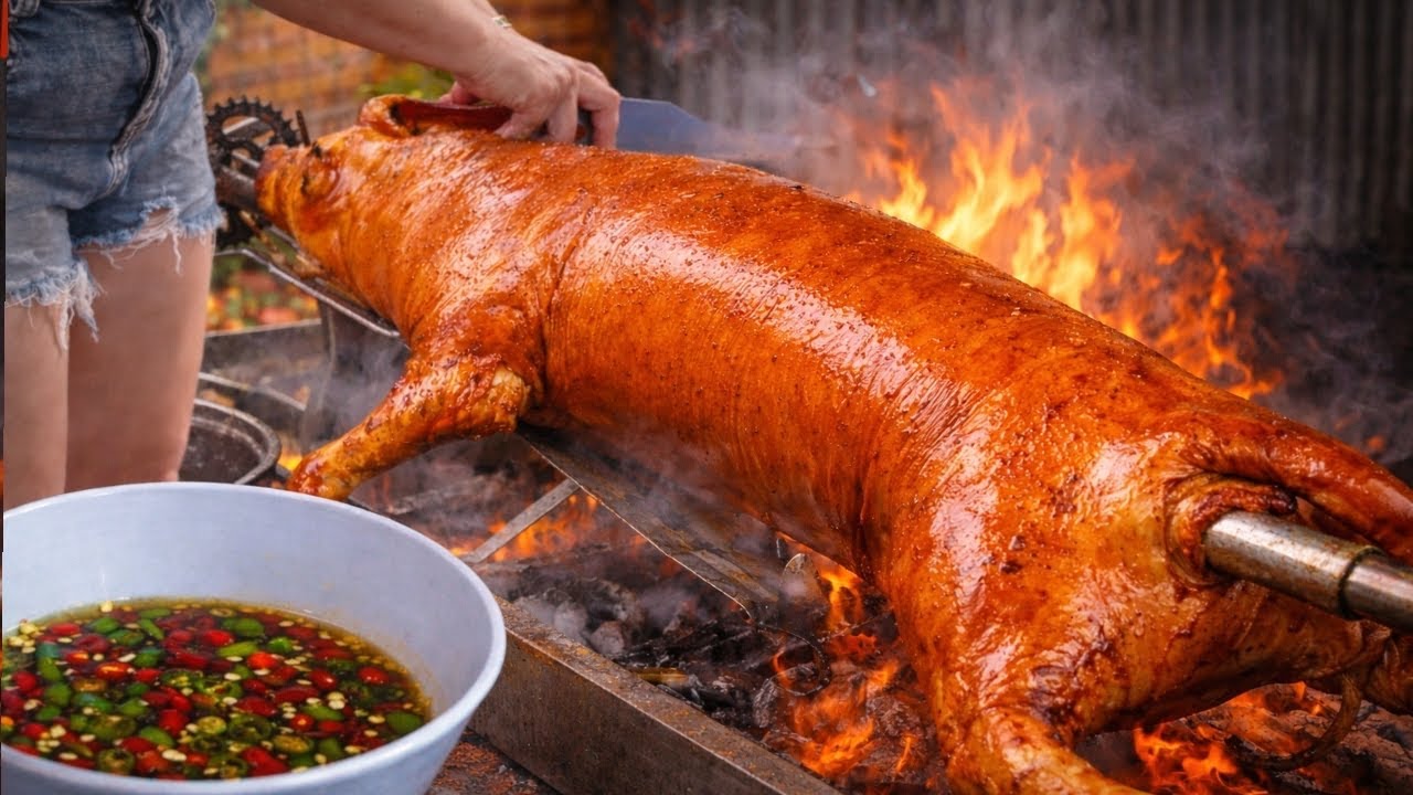 The beautiful owner grilled the fatty, delicious dog meat.