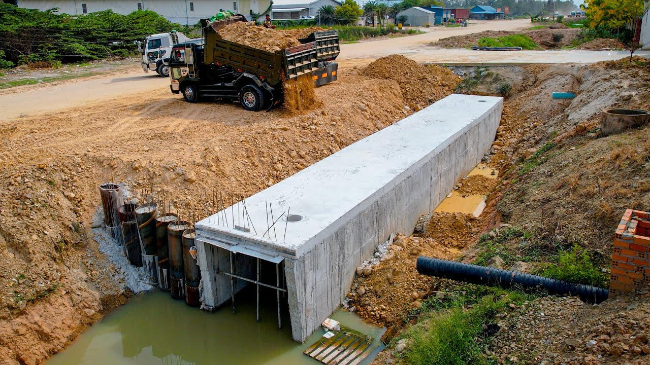 First Start New Project! Huge Sewer Drain Pipe Filling, Technical Skills Operator Dozer & 5Ton Truck