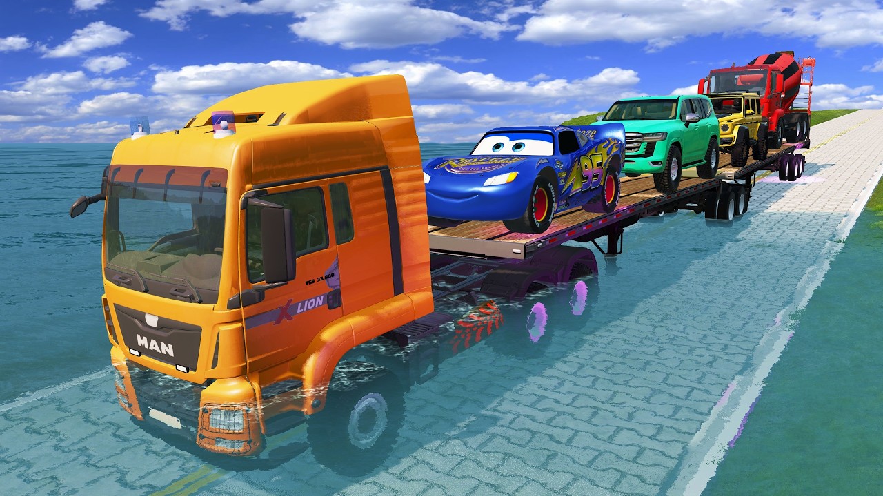 Flatbed Truck vs Giant Pothole Carrying McQueen BeamNG Drive 02