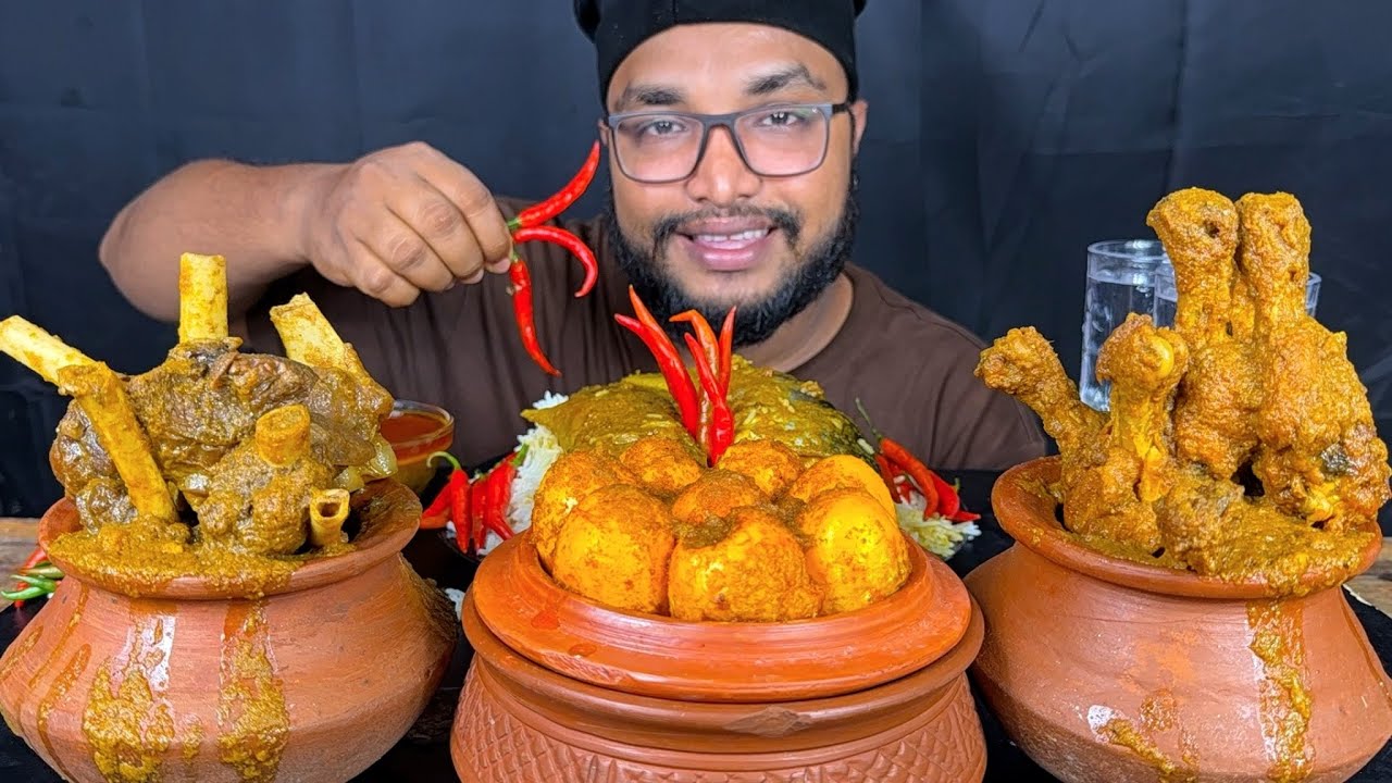 SPICY HANDI MUTTON CURRY,  HANDI CHICKEN CURRY, EGG CURRY AND FISH CURRY WITH RICE ASMR EATING SHOW