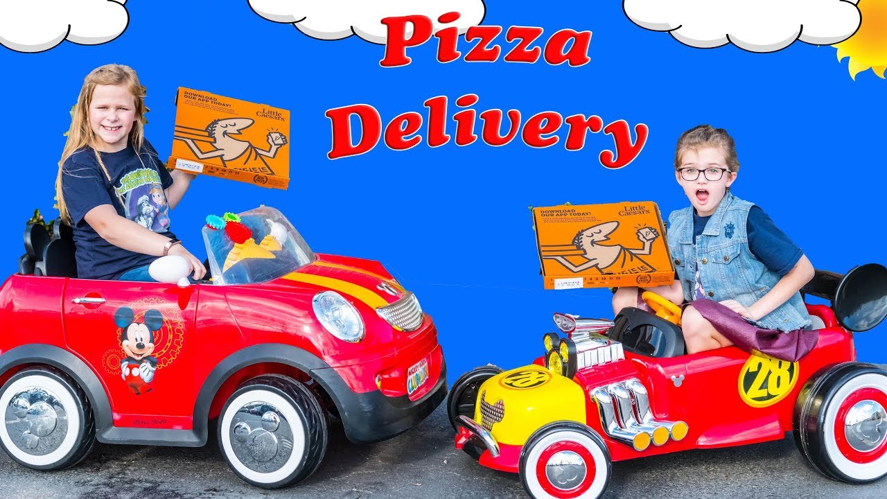 Mickey Mouse Ride on Dueling Pizza Drivers Pretend Play with Assistant and Crystal