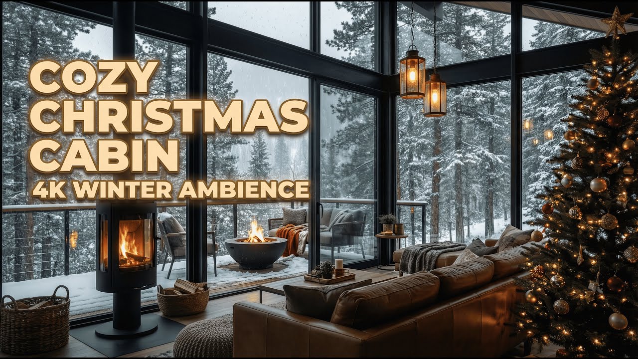 4K Cozy Christmas Cabin ❄️ Snowy Winter Ambience • Fireplace & Warm Lights • Sleep, Study, Relax
