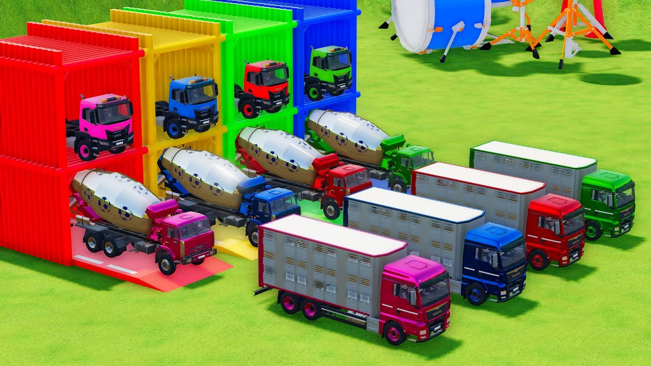 Garage with Colors - ALL MIXER TRUCK WITH DOUBLE FLATBED TRAILER TRUCK, IVECO, KAMAZ, MAN - FS22