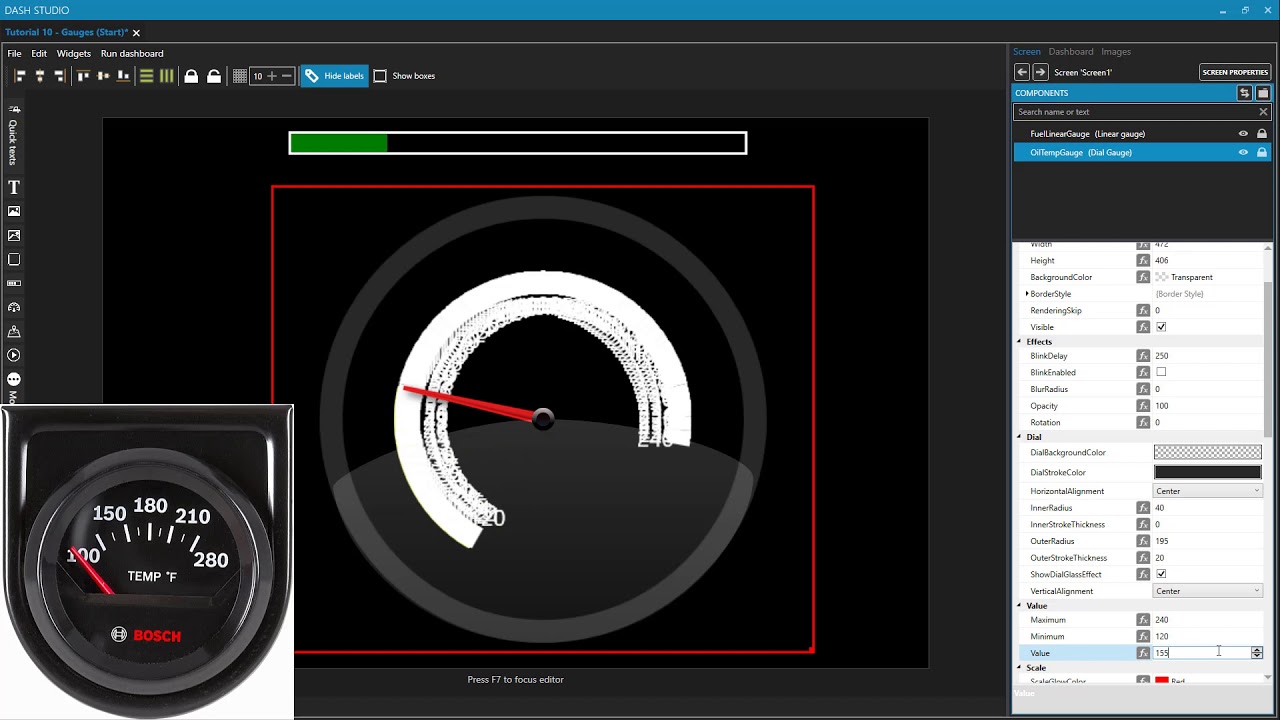 SimHub Dash Studio Tutorial Part 10 - Linear Gauges and Dial Gauges