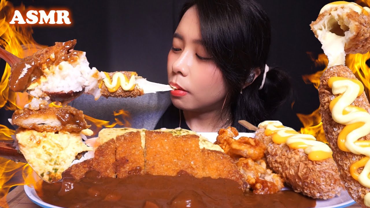 ASMR Super Spicy CHICKEN Katsu CURRY Rice, Mozzarella CORN DOG, Fire Fried Chicken 🔥 | Eating Sounds