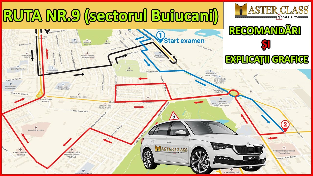 Ruta 9 de examinare pentru categoria B – Sectorul Buiucani, Școala Auto Master Class