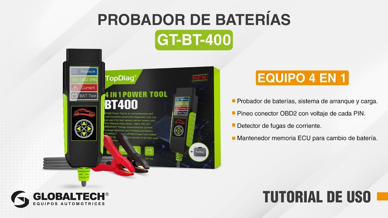 TUTORIAL DE USO DEL PROBADOR DE BATERÍAS GT-BT-400 TOP DIAG EQUIPO 4 EN 1