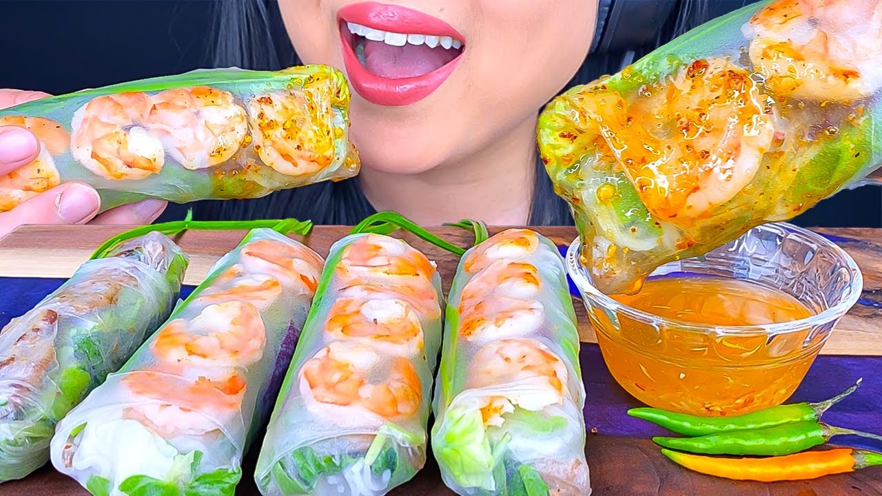 ASMR GRILLED BUTTER BEEF & SHRIMP SPRING ROLLS (EATING SOUNDS) ASMR Phan