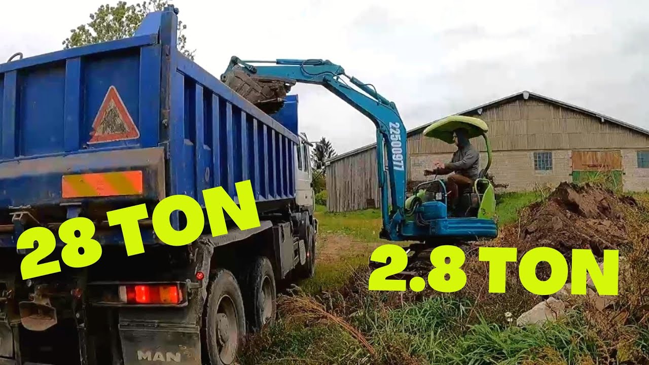 Loading dirt and rocks with mini excavator into dump truck / MAN 33.403 / Yanmar VIO30 / HTZ T74 /