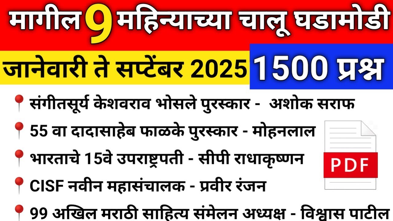 मागील 9महिन्याच्या चालू घडामोडी प्रश्न | January to September Current Affairs | Current Affairs 2025