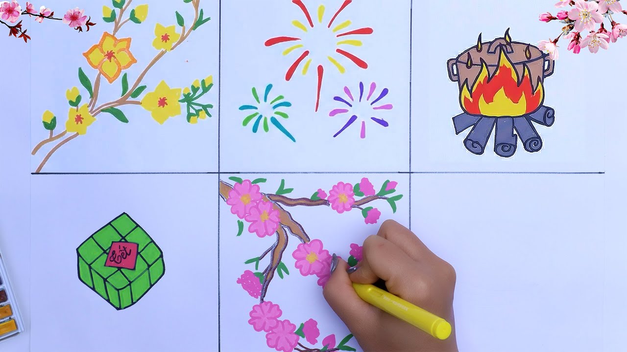 Happy New Year Drawing for Kids | Peach Blossom and Apricot Blossom