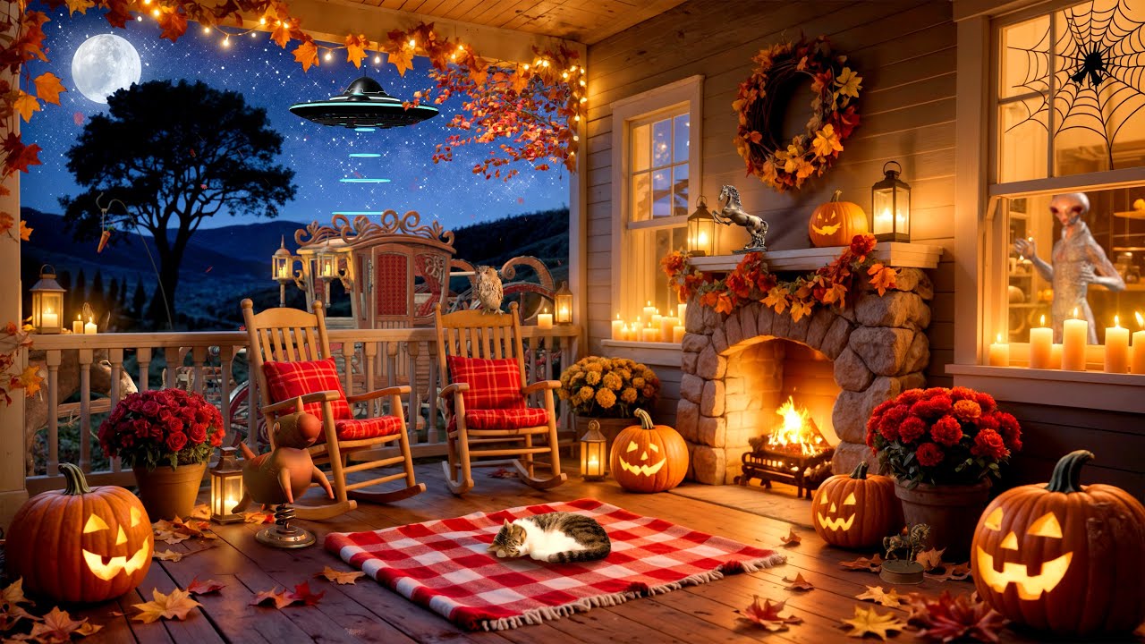 Cozy Autumn Porch Halloween Ambience🕯️Crackling Fire & Crunchy Autumn Leaves Sounds for Relaxation