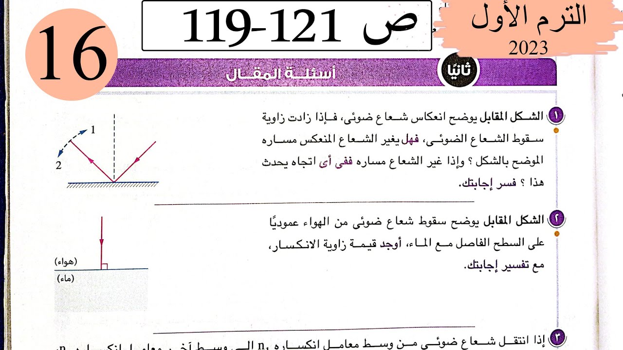 فيزياء 2 ث - حل انتشار وانعكاس وانكسار الضوء - المقال - كتاب الامتحان 2023