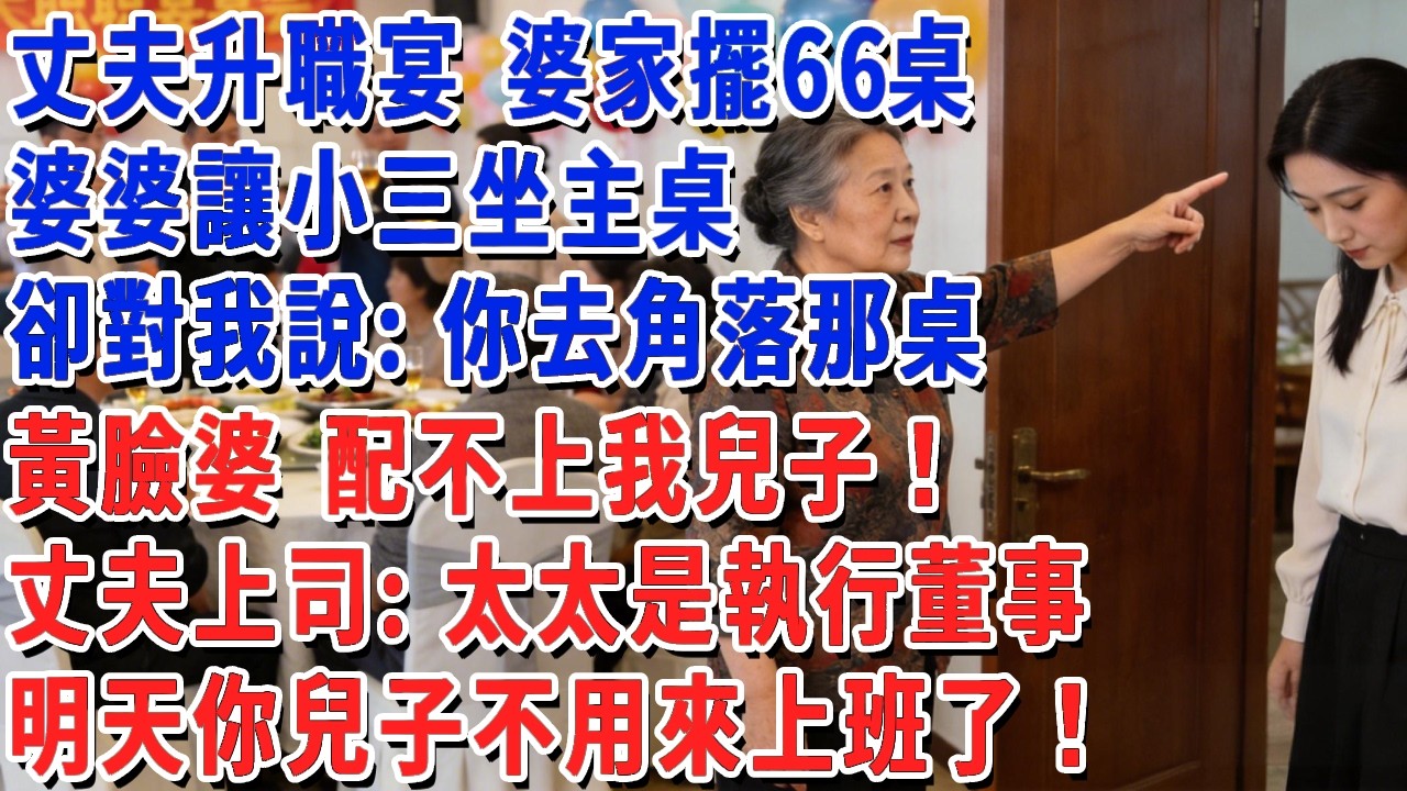 丈夫升職宴 婆家擺66桌，婆婆讓小三坐主桌，卻對我說：你去角落那桌，黃臉婆 配不上我兒子！丈夫上司：太太是執行董事，明天起 你兒子不用來上班了！#小娟講故事 #情感故事 #老年生活